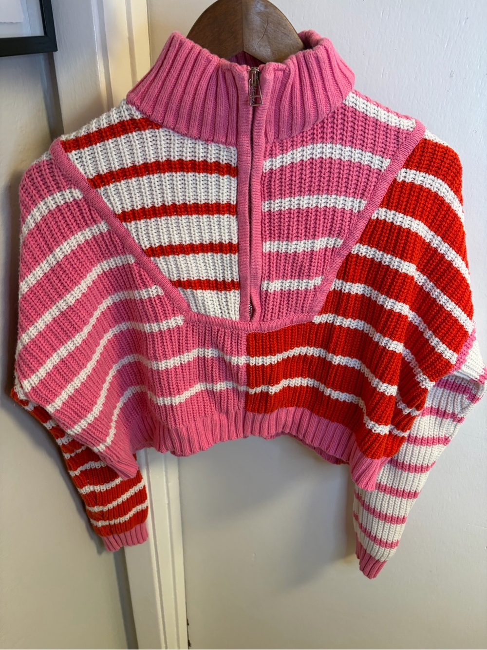 Altar’d State Pink Red Striped Quarter Zip Sweater M Cropped Colorblock Knit - Picture 10 of 15